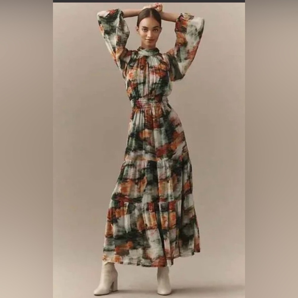 Anthropologie Multi-Color Abstract Floral Maxi Dress